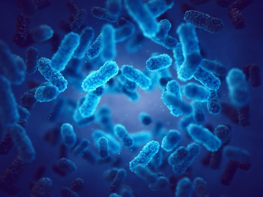 Rendering of closeup of blue bacteria